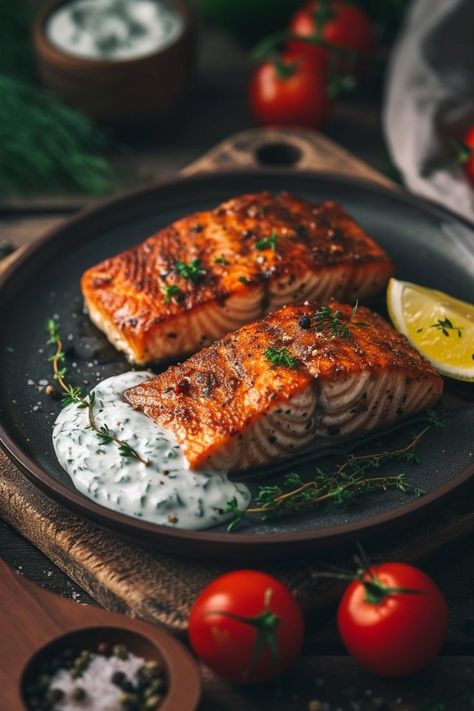 Fish Aesthetic Food, Sauces For Salmon, Salmon Aesthetic, Salmon Tray Bake, Blistered Cherry Tomatoes, Dishes Aesthetic, Best Sauces, Gastronomic Food, Seared Salmon Recipes