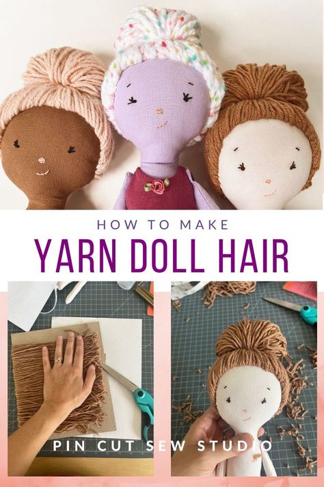 Homemade Dolls How To Make, Diy Yarn Hair For Dolls, Rag Doll Hair How To Make, Cloth Doll Hair Ideas, How To Make Yarn Hair For Dolls, Rag Doll Yarn Hair Diy, Felt Doll Hair Tutorial, How To Put Yarn Hair On Doll, Yarn Doll Hair Diy