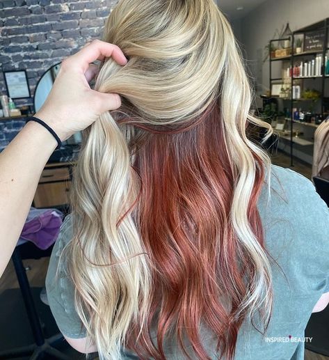 Dual Color Hair Ideas, Fall Two Tone Hair Color, Dual Hair Color Ideas, Blonde Hair With Burgundy Underneath, Blonde With Copper Peekaboo, Two Tone Hair Color Ideas For Blondes, Blonde And Maroon Hair, 2 Tone Hair Color Ideas, Blonde With Red Underneath Hair