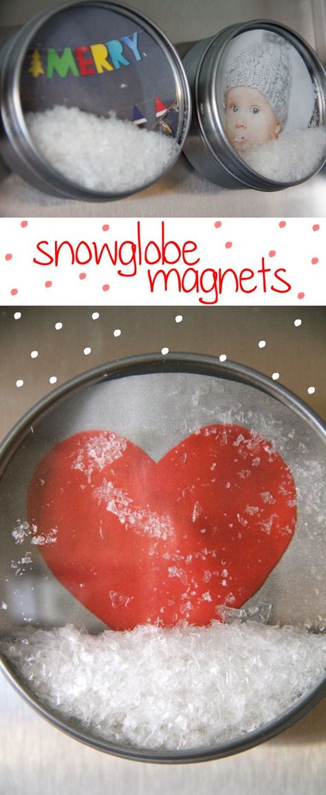 DIY Snow Globe Magnets. Diy Snowglobes, Gifts For Boyfriends Parents, Diy Snowglobe, Magnetic Spice Tins, Magnet Diy, Gifts For Boyfriend Parents, Gifts For Boyfriends, Diy Snow, Winter Projects