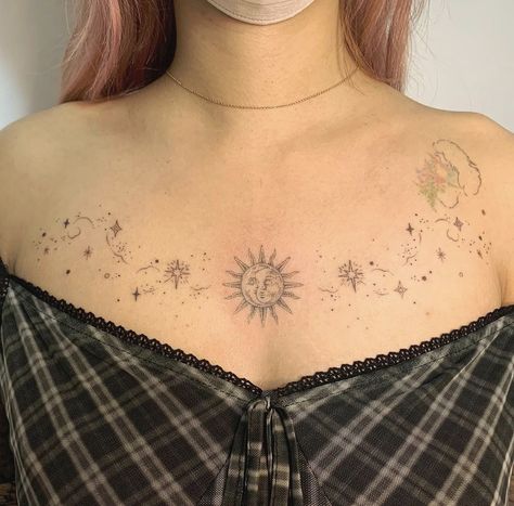 Chest Tattoo Stars, Body Doodles, See Tattoo, Small Chest Tattoos, Tattoo Me, Special Tattoos, Cat Tattoos, Jewelry Tattoo, Aesthetic Tattoo