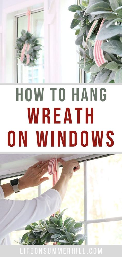 Wreath With Red Ribbon On Window, Wreath Hanging From Ribbon In Window, Wreath In Window Farmhouse, Christmas Wreath Window Indoor, Indoor Wreaths For Windows, How To Hang Window Wreaths, Christmas Wreaths Windows Indoor, Ribbon Hanging Wreath, Wreath For Window Christmas