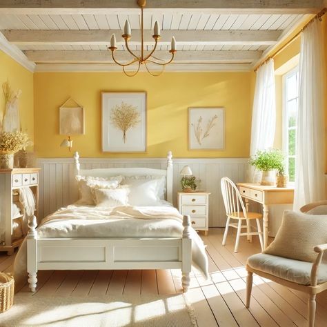 Creamy Yellow Farmhouse Bedroom Color Idea Farmhouse Bedroom Wall Color, Yellow Farmhouse Bedroom, Bedroom Inspirations Yellow, Bedroom Wall Color Ideas, Yellow Painted Rooms, Best Warm White Paint Colors, Light Yellow Bedrooms, Yellow Bedroom Paint, Warm White Paint Colors