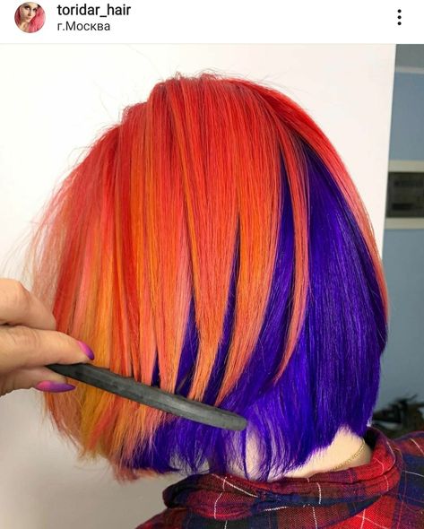 Crazy Color Hair Ideas Short, Ginger And Purple Hair, Yellow And Purple Hair, Blue Orange Hair, Orange Purple Hair, Orange And Purple Hair, Spooky Hair Color, Orange And Green Hair, Purple Orange Hair