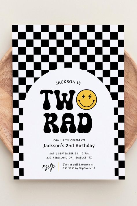 Two Rad Checker Happy Face 2nd Birthday Invitation 2nd Birthday Invitations, Birthday Design, 2nd Birthday Parties, Happy Face, 2nd Birthday, Birthday Invitations, Birthday Party, Birthday