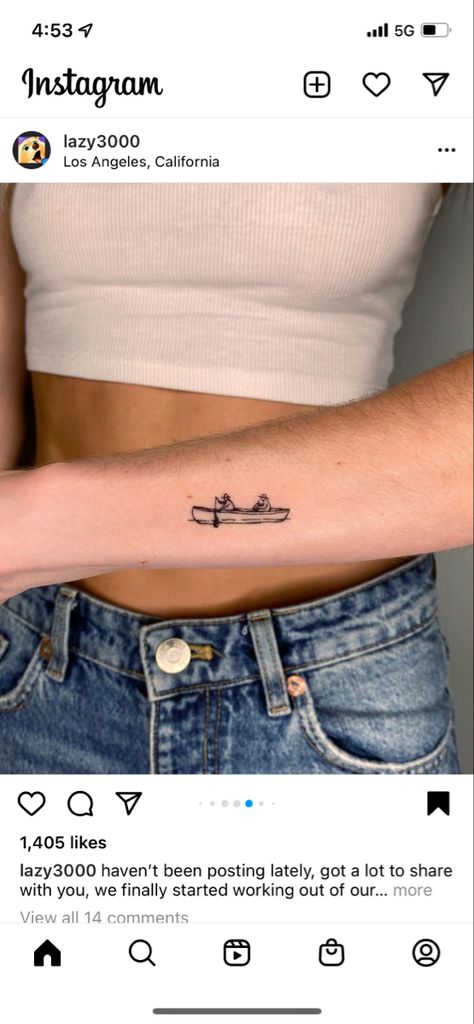 Feminine Boat Tattoo, Fishing Boat Tattoo For Women, Boat Line Tattoo, Bass Boat Tattoo, Canoe Tattoo Ideas, Fishing Couple Tattoos, Rowing Boat Tattoo, Tiny Boat Tattoo, Canoe Tattoo Simple