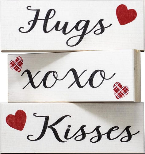 JennyGems Happy Valentines Day Decorations, Hugs and Kisses Valentines Sign, 3 Pieces Wooden Block Set, Valentine's Day Decor, Tiered Tray Decor, Made in USA Kiss Decorations, Primitive Valentine Decor, Farmhouse Decorations, Copper Anniversary, Valentines Decor, Valentines Sign, Shelf Desk, Romantic Messages, Valentine Decor