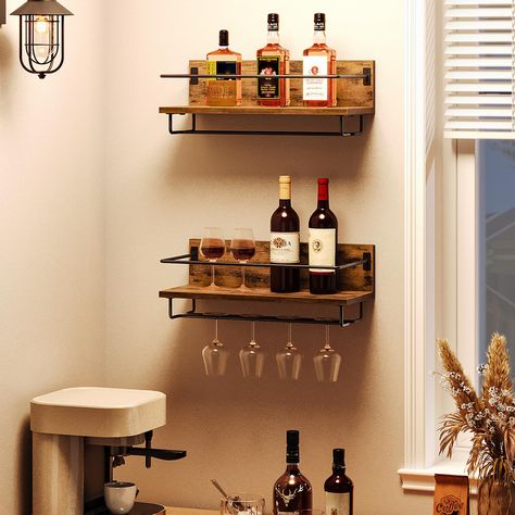 PRICES MAY VARY. 2-Tier Storage: The wall mounted wine rack can hold wine bottles with metal fence to ensure the safety of the bottles and a cup holder below can hold up to glasses. The floating shelves double-layer large capacity storage keeps your wine and glassware neat and orderly Utilizing Vertical Space: The wall-mounted wine shelf set fully utilizes the extra wall space to store your fine wines, stemware, and other daily items, freeing up more tabletop space. This wine floating shelves is Wine Glass Shelves Wall, Wine Glass Wall Rack, Floating Wine Bottle Holder, Barware Display Ideas, Bar Cabinet Decor, Floating Wine Rack, Aesthetic Shelf, Wall Mount Wine Rack, Wine Storage Wall