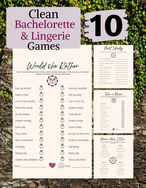 Bachelorette Party Games Oh Happy Printables, Clean Bachelorette Party Ideas, Clean Bachelorette Party Games, Bachelorette Party Games Clean, Lingerie Party Ideas, Lingerie Party Games, Classy Bachelorette Party Games, Funny Bachelorette Games, Elf Wedding