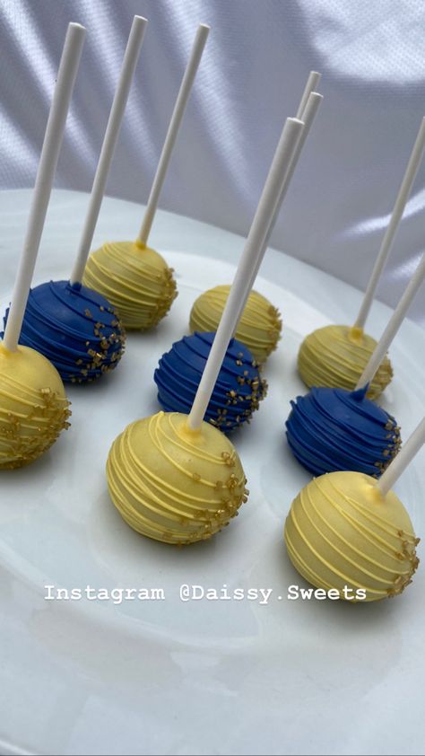 Blue And Yellow Sweet 16, Blue And Yellow Cake Pops, Blue And Yellow Dessert Table, Blue And Gold Cake Pops, Wasteland Party, Navy Party Themes, Banquet Desserts, Yellow Cake Pops, Yellow Party Decorations