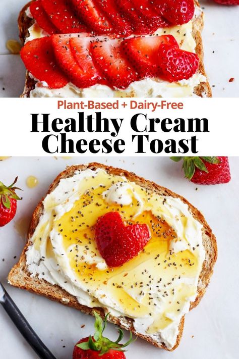 Cream Cheese Toast - a simple and delicious way to start your day! This easy cream cheese toast is topped with fresh strawberries, honey and chia seeds. Gluten-free friendly, dairy-free and plant-based. Such a great healthy breakfast idea! #creamcheesetoast #creamcheesetoastrecipe #thewoodenskillet #dairyfreebreakfast #thewoodenskillet Cream Cheese Snacks, Cream Cheese Toast, Cream Cheese Breakfast, Healthy Cream Cheese, Cheese Toast Recipe, Quick Easy Breakfast, Homemade Breakfast Sausage, Healthy Breakfast Idea, Dairy Free Breakfasts