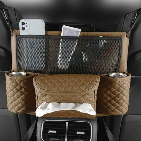 Enhance your driving experience by keeping your essentials within reach and your car clutter-free. Crafted from high-quality PU leather and sturdy mesh fabric, this car storage organizer combines durability with a sleek design. With snap buttons for a secure and convenient fit, its adjustable straps ensure the perfect tightness. This versatile and practical storage solution is suitable for both front and back seats. In the front section, you'll find ample storage space to conveniently place your Car Seat Storage, Must Have Car Accessories, Car Travel Accessories, Car Storage Bag, Handbag Holder, Purse Hanger, Car Seat Organizer, Hanger Storage, Car Organizer