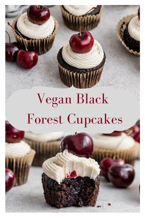 Vegan Recipes Muffins, Vegan Black Forest Cupcakes, Vegan Cherry Muffins, Vegan Christmas Cupcakes, Vegan Cherry Desserts, Vegan Bakery Recipes, Vegan Cupcakes Easy, Vegan Cupcakes Recipes, Vegan Chocolate Desserts