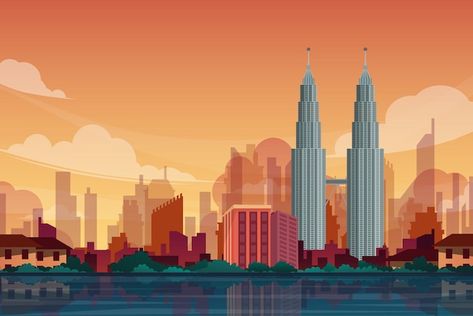 Beautiful landscape with petronas twin t... | Premium Vector #Freepik #vector #malaysia-building #kuala-lumpur #tower #skyscraper Kuala Lumpur Illustration, Malaysia Culture Illustration, Malaysia Illustration, Malaysia Building, Malaysia Wallpaper, Poster Malaysia, Malaysia Culture, Petronas Twin Towers, Culture Photography