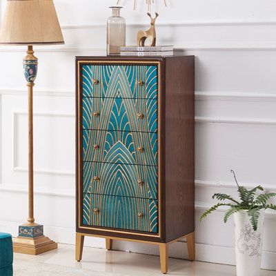 Art tracing gold thread pure handmade process, safe, elegant, beautiful. Color: Teal/Golden | LORENZO American light luxury entrance cabinet creative simple modern storage cabinet. in Blue / Yellow | 48.4 H x 23.6 W x 14.9 D in | Wayfair High Chest Of Drawers, Living Room Chest, Metal Chest, European Living Room, Bedroom Storage Cabinets, Bachelor Chest, Cabinet Dining Room, Modern Storage Cabinet, Bedroom Drawers