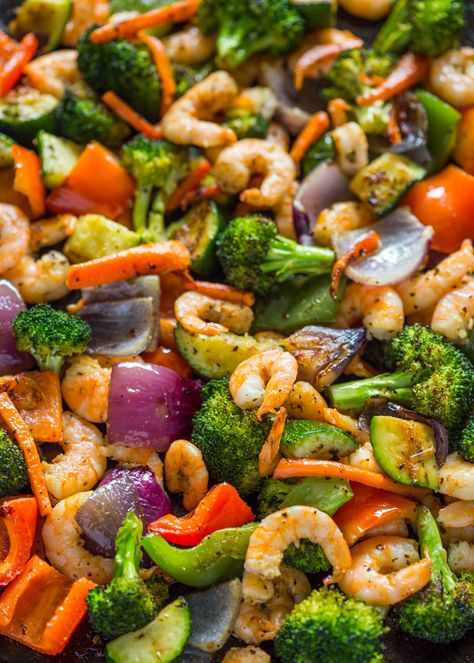 Easy One Pan Roasted Shrimp and Veggies Oven Roasted Shrimp, Shrimp And Veggies, Baked Shrimp Recipes, Shrimp And Vegetables, Roasted Shrimp, Shrimp Recipes Healthy, Baked Shrimp, Pan Dinners, Shrimp Recipes Easy