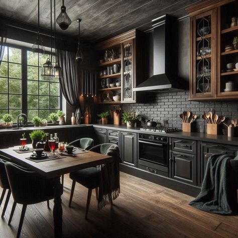 Dark Kitchen Black Walls Wood Cabinets, Dark Wall Kitchen Ideas, Moody Wood Kitchen, Modern Gothic Farmhouse Kitchen, Dark Kitchen Interior Design, Dark Walls Light Cabinets, Modern Gothic Kitchen, Dark House Interior Design, Dark And Moody Kitchen