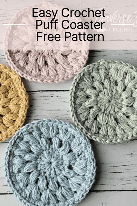 Easy crochet puff coaster free pattern Crochet Hexagon Coasters Free Pattern, Crochet Coaster Free Pattern, Crochet Cup Coaster, Crocheted Coasters, Easy Beginner Crochet Patterns, Crochet Coasters Free Pattern, Crochet Market, Coaster Pattern, Crochet Coaster Pattern