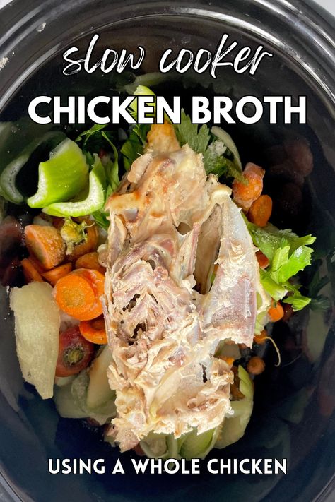 Chicken Bone Broth Slow Cooker, Crock Pot Bone Broth Recipe, Homemade Bone Broth Crockpot, Chicken Broth Recipes From Bones, Crock Pot Chicken Bone Broth, Making Bone Broth Crock Pot, Chicken Broth From Carcass How To Make, Rotisserie Chicken Bone Broth Crockpot, Chicken Stock From Carcass Bone Broth