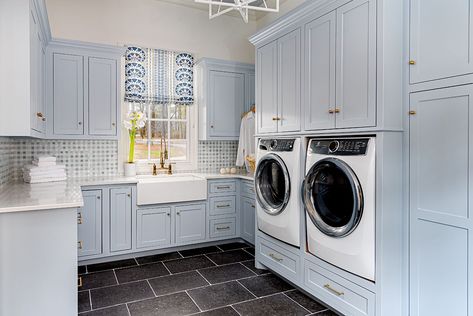 goodhousemag Light Blue Laundry Room, Coastal Laundry Room, Florida Homes Exterior, Blue Laundry Room, Perfect Laundry Room, Laundry Nook, Coastal House, Laundry Room Cabinets, Vintage Laundry