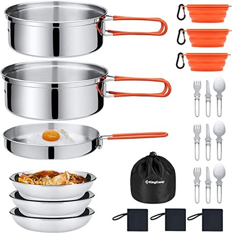 (paid link) KingCamp 17/25 PCS Stainless Steel Camping Cookware Mess Kit, Nonstick Lightweight Compact Backpacking Cooking Set for Outdoor Picnic Hiking, Includes Pot Pan Bowls Plates and Cutlery Set Mess Kit Camping, Camping Cooking Gear, Cooking Kit, Mess Kit, Nonstick Cookware Sets, Portable Kitchen, Camping Cookware, Cookware Set Stainless Steel, Stainless Steel Pot