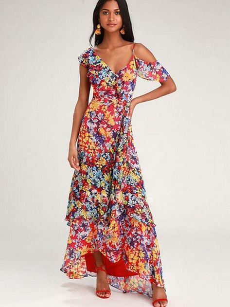 97d0145823aeb8ed80617be62e08bdccdesc52887589ri Floral Print Chiffon Maxi Dress, Asymmetrical Maxi Dress, Afrikaanse Mode, Maxi Long Dress, Red Chiffon, Floral Print Chiffon, Maxi Robes, Dress Short Sleeve, Chiffon Maxi