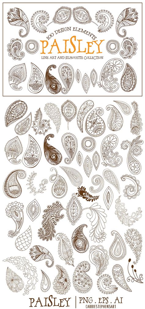 Boho Paisley Line Art Illustrations by Carrie Stephens Art on @creativemarket Out Line Design, Bohemian Drawings, Paisley Clipart, Paisley Drawing, Paisley Vector, Mandala Indiana, Paisley Tattoo, Zantangle Art, Paisley Doodle