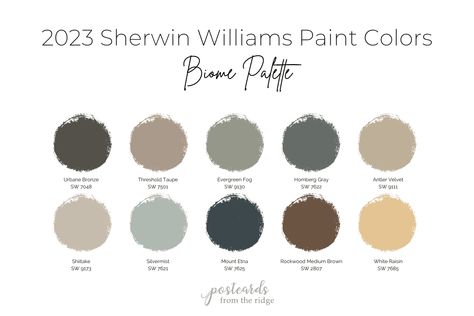 Sherwin Williams 2023 Paint Colors - Postcards from the Ridge Sherwin Williams 2023, Interior Door Paint Colors, Interior Paint Schemes, Sherwin Williams Color Palette, Dark Trim, Colors 2023, Beige Paint, Choosing Paint, Popular Paint Colors