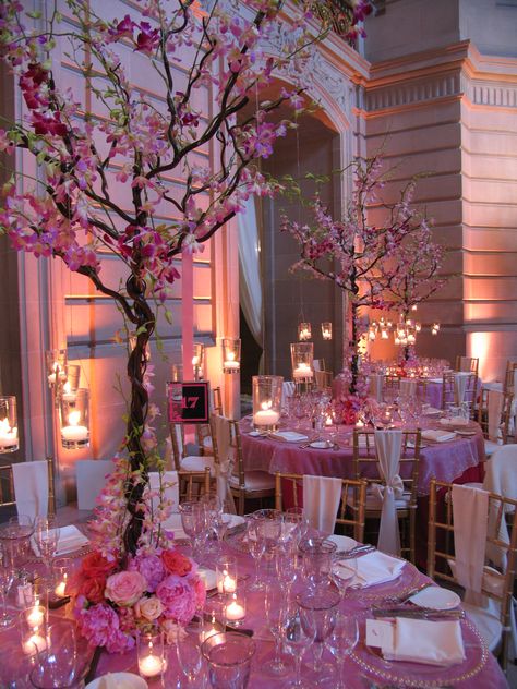 Pink Venue For Wedding, Pink Venue Party, Cherry Blossom Themed Quinceanera, Cherry Blossom Quince Theme, Red Cherry Blossom Quinceanera Theme, Quinceanera Color Schemes Pink, Flower 15 Theme, Wedding Ideas Cherry Blossoms, Pink Roses Themed Birthday Party