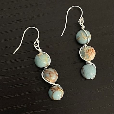 Handmade Sterling Silver / 925 Wire Wrapped Marbled Blue Magnesite Drop Earrings 2xhp Polished Semi-Precious Gemstones Are Hand Wrapped With Sterling Silver Wire & Hang From Sterling Silver Hooks. Length: Approx 1.75” Including Hook. A Whimsical Turtle Exclusive #Est71-St Diy Earrings Dangle, Diy Wire Jewelry Rings, Wire Jewelry Earrings, Beaded Jewelry Pattern, Wire Jewelry Rings, Turtle Jewelry, Natural Stone Earrings, Earrings Diy, Diy Wire Jewelry