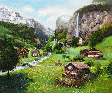 Portrait Painting from Photo. It's a little village called Lauterbrunnen, Switzerland. Alps Painting, Switzerland Landscape, Swiss Landscape, Switzerland Painting, Painting Meadow, Bali Travel Photography, Lauterbrunnen Switzerland, Art Cottage, Landscape Art Print