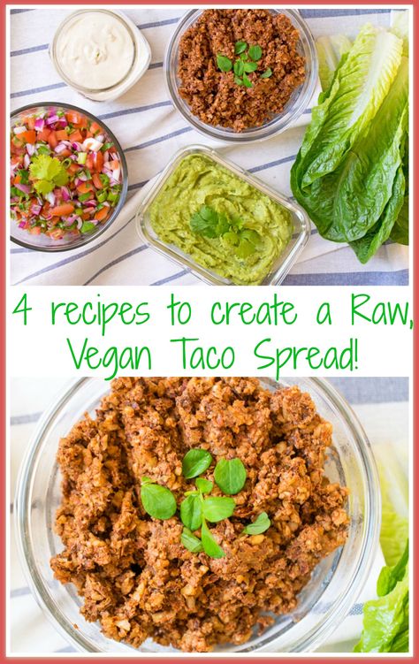 Super easy raw, vegan, gluten free tacos! Four recipes included to create a taco spread! Raw Vegan Dinners, Gluten Free Tacos, Vegan Taco, Raw Vegan Diet, Vegan Tacos, Cake Vegan, Raw Diet, Raw Food Diet, Diet Vegetarian