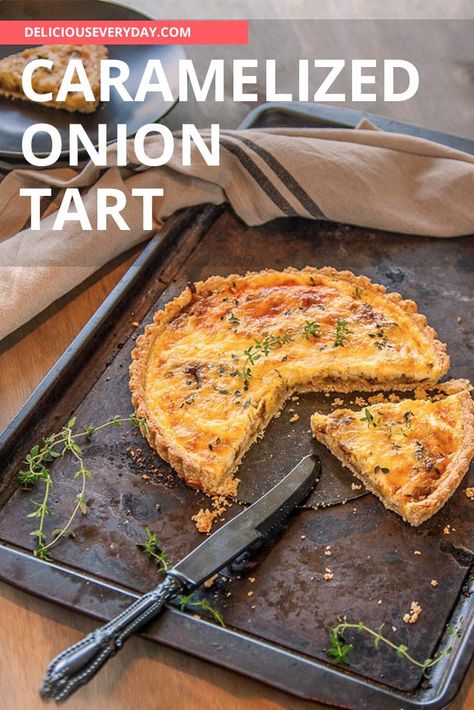 This caramelized onion tart makes a great vegetarian main dish or a hearty appetizer. Sweet and savory caramelized onions, thyme, and cheddar cheese are baked in a homemade pastry crust. (So much better than traditional puff pastry!) It's great for the holidays or everyday entertaining. #vegetarian #tart #onions #meatlessmeal Caramelised Onion Quiche, Lux Food, Appetizer Sweet, Caramelized Onion Tart, Vegetarian Tart, Savoury Pie, Vegetarian Main Dish, Caramelised Onion Tart, Mexican Salad Recipes