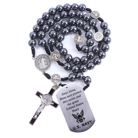 Honor faith and service with this durable rosary made from dark gray hematite beads, designed for those who serve in the military. Featuring an intricate St. Benedict crucifix and a centerpiece with an exorcism prayer in Latin on the back, this rosary offers protection and spiritual strength. With its timeless design and meaningful symbolism, this heirloom-quality rosary is a thoughtful and enduring gift for a loved one in the military, offering them comfort and faith wherever they go. Exorcism Prayer, Military Rosary, Spiritual Strength, Deployment Gifts, Space Force, Navy Air Force, St Benedict, United States Marine, United States Marine Corps