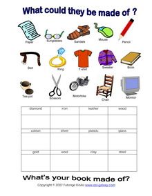 ESL, English vocabulary, printable worksheets, products and materials, wood, diamond Materials Worksheet Science, Properties Of Materials Worksheet, Materials Worksheet, Ukg Worksheet, Science Materials, Weather Activities Preschool, Classroom Jobs Display, Plants Worksheets, Science Printables