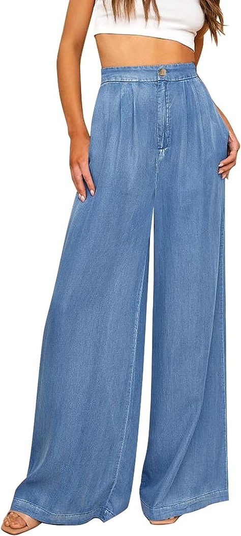 GRAPENT 2023 Wide Leg Pants for Women High Waisted Jeans Palazzo Pants Lightweight Summer Beach Flowy Trousers Y2K at Amazon Women's Jeans store Flowy Trousers, Jeans Palazzo, Beach Outfit For Women, Womens Flare Jeans, Most Comfortable Jeans, Jeans Store, Summer Pants, High Waisted Jeans, Fall Fashion Trends