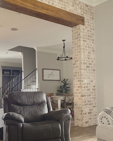 Farmhouse Brick Interior Wall, Brick Accent Interior, Brick Door Frame, Brick Support Column In Kitchen, Brick Between Kitchen And Living Room, Brick And Beam Interior, Faux Brick Beam, Brick And Beam Opening, Brick Wall With Wood Beam