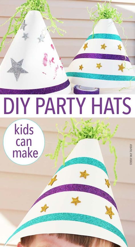 Make your own party hats! This is a fun kids craft for parties & holidays. Perfect for kids' birthday parties - make a party hat decorating station for a fun party activity! Or create your own party hats for any celebration. Super fun and really easy!  // For more family resources visit www.ifamilykc.com :) Christmas Party Hats For Kids, Diy Nye Hats For Kids, Diy Birthday Hats For Kids, Birthday Hats Diy, Party Hat Cookies, Party Hats Diy Template, Birthday Hat Diy, Eyfs Books, Diy Birthday Hat