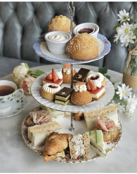 High Tea Tier Stand, Afternoon Tea Party Food, Creamy Shrimp Salad, High Tea At Home, High Tea Menu, High Tea Wedding, Bridgerton Party, High Tea Food, Tea Etiquette