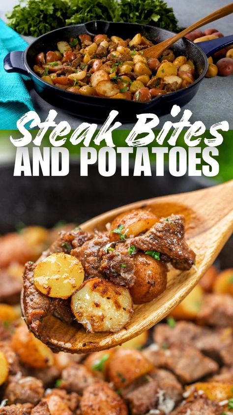 Steak bites and potatoes are the perfect comfort food meal. Tender steak bites are marinated and sautéed to perfection, then paired with crispy potatoes that have been par-baked for the ideal texture. This hearty and satisfying meal is perfect for any day of the week. Tender Steak Bites, Steak Bits, Oven Steak Recipes, Steak Bites And Potatoes, Baked Baby Potatoes, Steak And Baked Potato, Meat And Potatoes Recipes, Steak Bites Recipe, Steak Potatoes