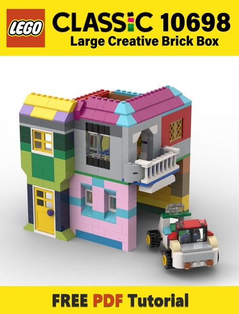 Easy PDF instruction on how to make house with a garage from bricks of the LEGO classic set series 10698 Large Creative Brick Box. In my Lego tutorial, you can build a house with two stories. On the first floor there will be a kitchen, a dining room and a garage. On the second floor we will make a balcony, a bedroom with a bed and a table, curtains, a bathtub, a toilet, a washbasin. Lego Diy Projects, Lego Display Shelf, Lego Blueprint, House With Garage, Lego House Ideas, Lego Furniture, Lego Building Instructions, Lego Club, Construction Lego