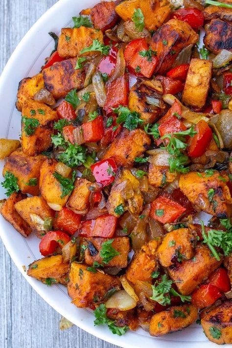 Vegetarian Sweet Potato Hash - Two Kooks In The Kitchen Sweet Potato And Bell Pepper Recipes, Sweet Potato And Veggie Recipes, Sweet Potato With Veggies, Roasted Sweet Potatoes And Peppers, Bell Pepper Sweet Potato Recipes, Sweet Potato Medley, Peppers And Sweet Potatoes, Sweet Potato Peppers And Onions, Clean Vegetarian Eating