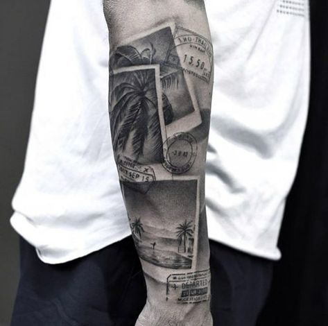 Beachy Sleeve Tattoo, Postcard Tattoo Ideas, Postcard Tattoo, Voll Arm-tattoos, Portrait Tattoo Sleeve, Beachy Tattoos, Map Tattoo, Framed Tattoo, Libra Tattoo