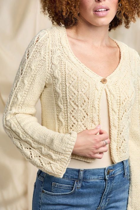 Free Knitting Pattern for a Cropped Lace Cardigan - Knitting Bee Lace Cardigan Pattern, Cable Cardigan Knitting Patterns, Cardigan Knitting Patterns, Rachel Brockman, Long Sleeveless Cardigan, Free Knitting Patterns For Women, Knit Cardigan Pattern, Cardigan Design, Knitting Patterns Free Cardigans