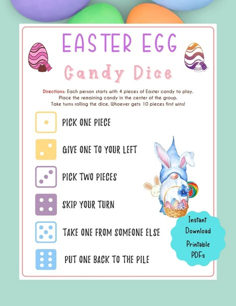 "Easter Egg Candy Dice Game | Easter Game for Kids & Adults | Easter Fun Party Game | Easter Trivia | Spring Trivia l Easter Sunday | PDF | Printable | Instant Download This Easter game is an excellent Easter activity for adults and kids. It is a fun Easter activity and party game you can shine the party!  Throw an Easter party with this fun and easy printable game!  NO PHYSICAL PRODUCT WILL BE SHIPPED ★ WHAT YOU GET ★ -Easter Egg Candy Dice Game ★ GET THE BUNDLE ★ - 10 Easter Games: https://www Spring Trivia, Candy Dice Game, Fun Easter Games, Fun Holiday Games, Activity For Adults, Easter Games For Kids, Easter Party Games, Easter Egg Candy, Printable Games For Kids