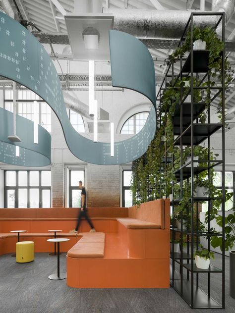 Lounge Zone, Industrial Cafe, Red Brick Walls, Metal Columns, Collaborative Workspace, New Tech, Trampolines, Japanese Interior, Interior Design Firm