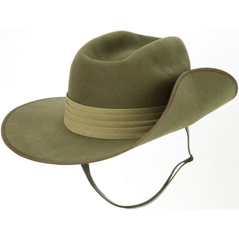 The Aussie Slouch Hat, one side turned up against the crown, has gained worldwide recognition. Akubra has made these hats for the Australian Army since the early 1900's. Australian Army, Modern Hat, Military Accessories, Army Hat, Types Of Hats, Military Hat, Slouch Hat, Leather Hats, Military Uniform