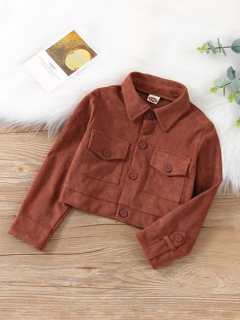 Rust Brown Casual  Long Sleeve Polyester Plain Other Embellished Medium Stretch Fall/Winter Toddler Girls Clothing Winter Outfits For Girls, Pocket Jacket, Winter Tops, Kids Outfits Girls, Toddler Girl Outfits, Short Jacket, Girls Jacket, Girls Clothing, Short Girls