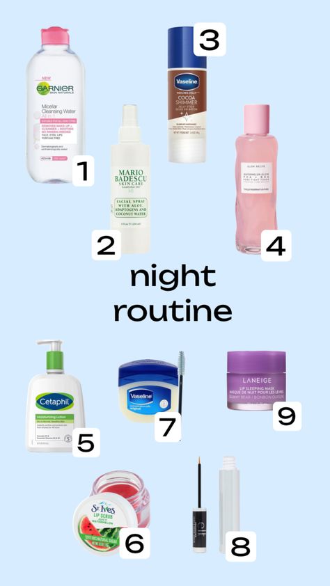 my night time￼ routine ￼💤😴 #beauty Travel Minis, Kids Skin Care, Night Skincare, Night Care, Time Routine, Mario Badescu Skin Care, Night Moisturizer, Micellar Cleansing Water, Laneige Lip Sleeping Mask