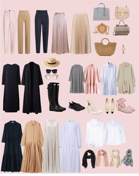 Hijab Capsule wardrobe Capsule Modest Wardrobe, Hijabi Closet Essentials, Hijab Essentials Fashion, Mom's Capsule Wardrobe, Hijabi Capsule Wardrobe Summer, Muslimah Capsule Wardrobe, Summer Modest Capsule Wardrobe, Hijab Wardrobe Capsule, Hijabi Wardrobe Capsule